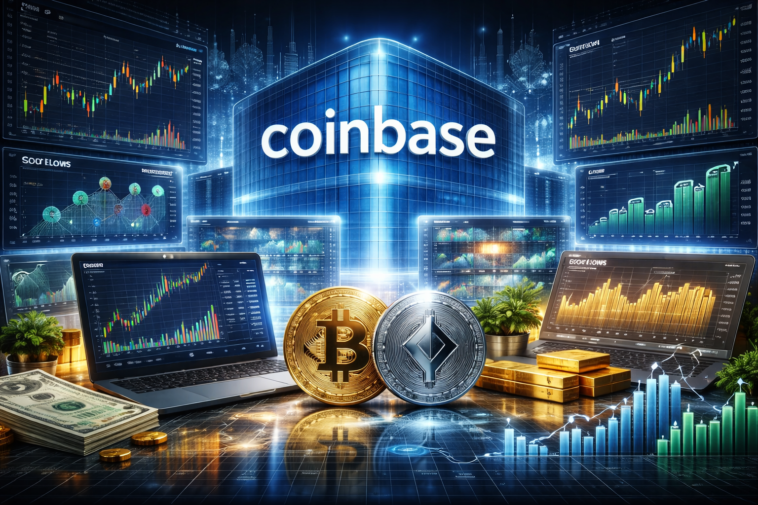 A modern financial workspace featuring cryptocurrency coins, trading screens, market charts, and digital infrastructure representing a diversified investment platform.