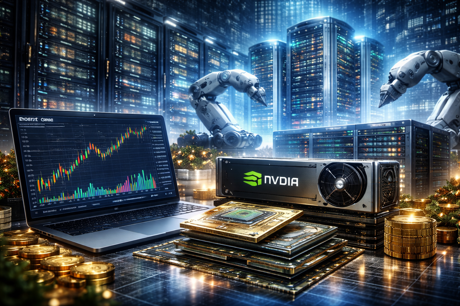 Advanced data center servers with robotic automation, semiconductor chips, and financial market activity displayed on a workstation in a futuristic technology environment.