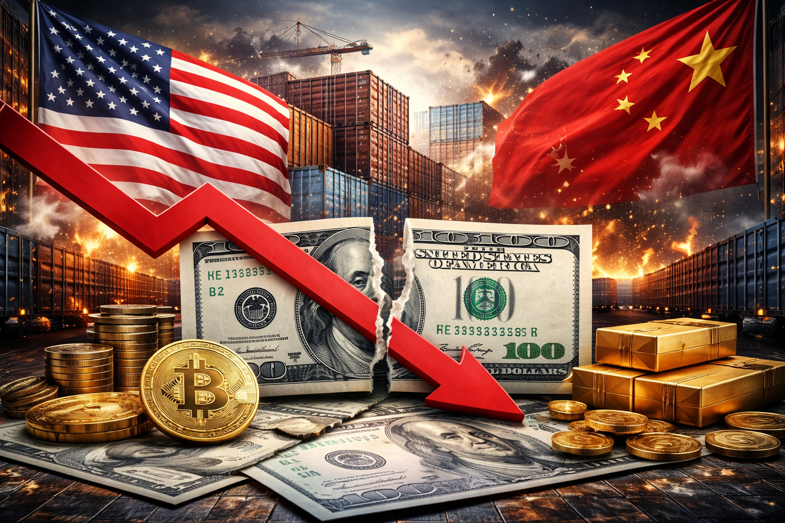 A torn U.S. dollar bill set between American and Chinese flags, with shipping containers, gold bars, and financial assets symbolizing global trade and currency stress.