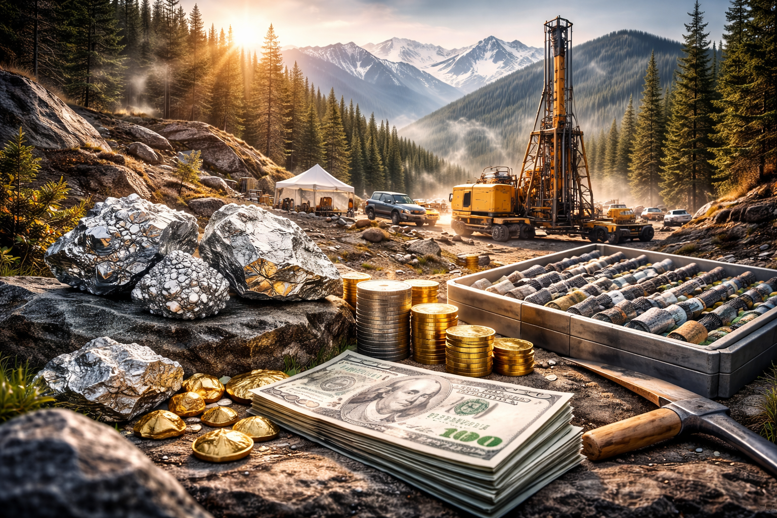 An active mineral exploration site with drill core samples, mining equipment, silver-bearing rocks, and financial assets arranged in a mountainous setting.
