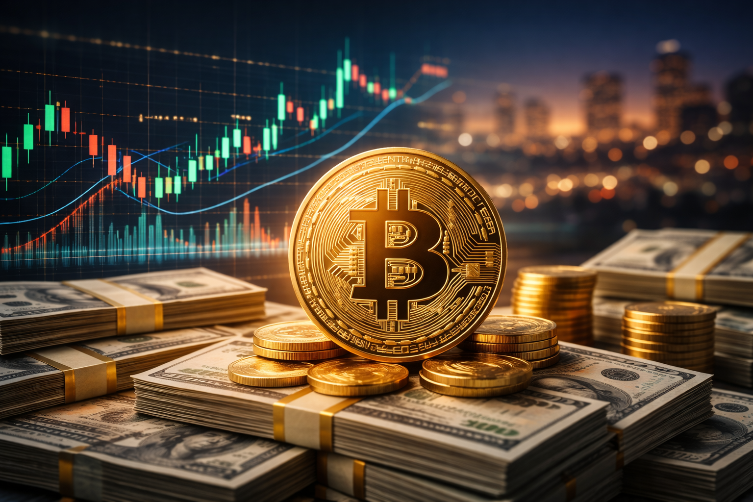 A gold Bitcoin coin resting on stacks of U.S. dollar bills, with a blurred city skyline and digital market charts in the background.