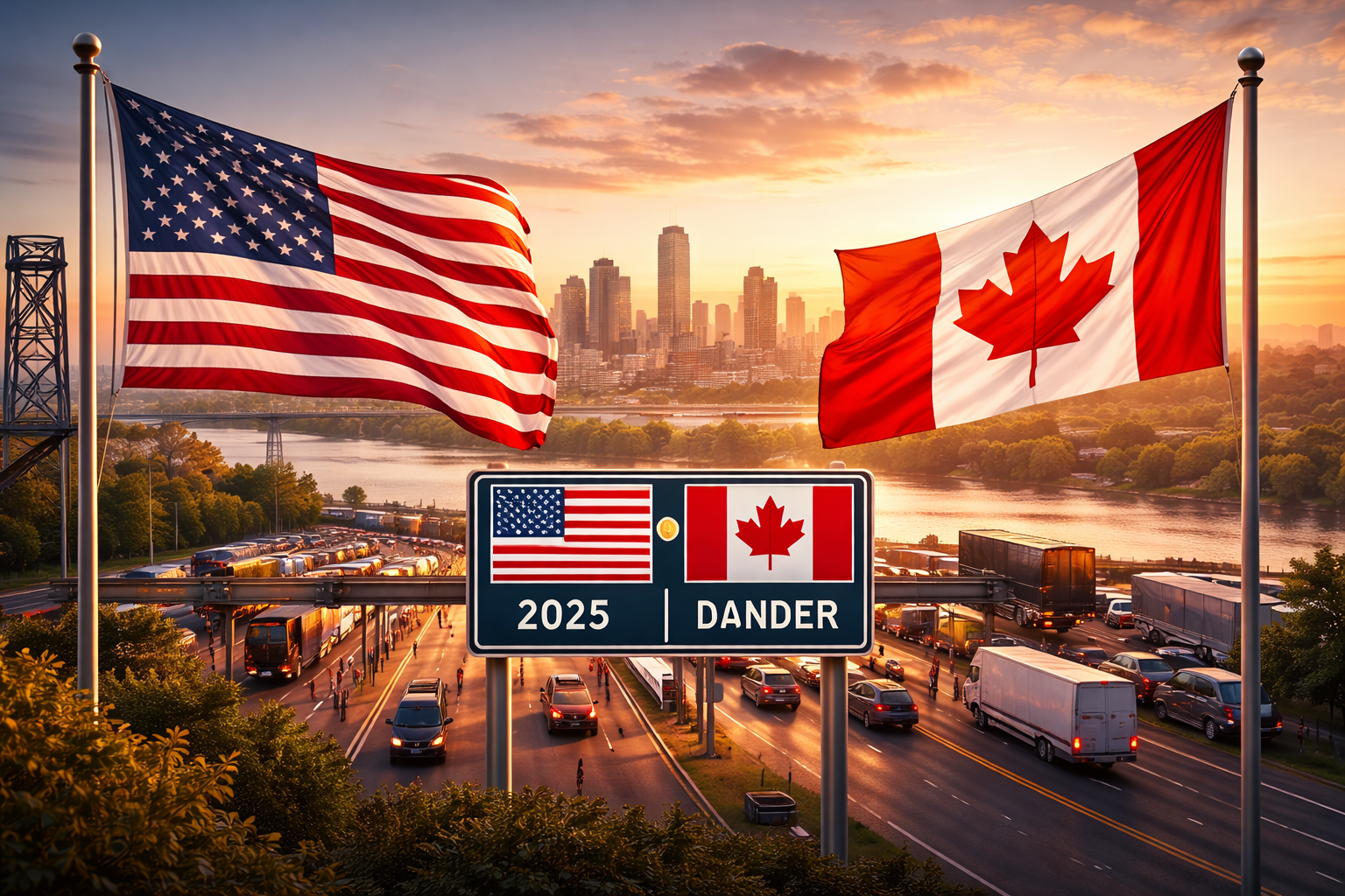 American and Canadian flags flying above a busy cross-border highway, with vehicles moving between two cities at sunset.
