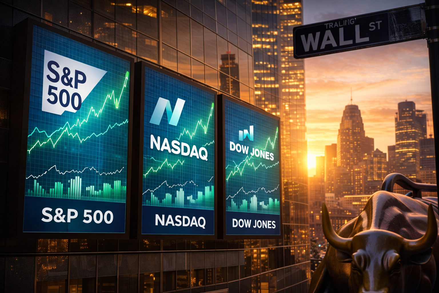 Wall Street at sunset with illuminated market display panels, modern glass buildings, and the iconic bull sculpture in the foreground.
