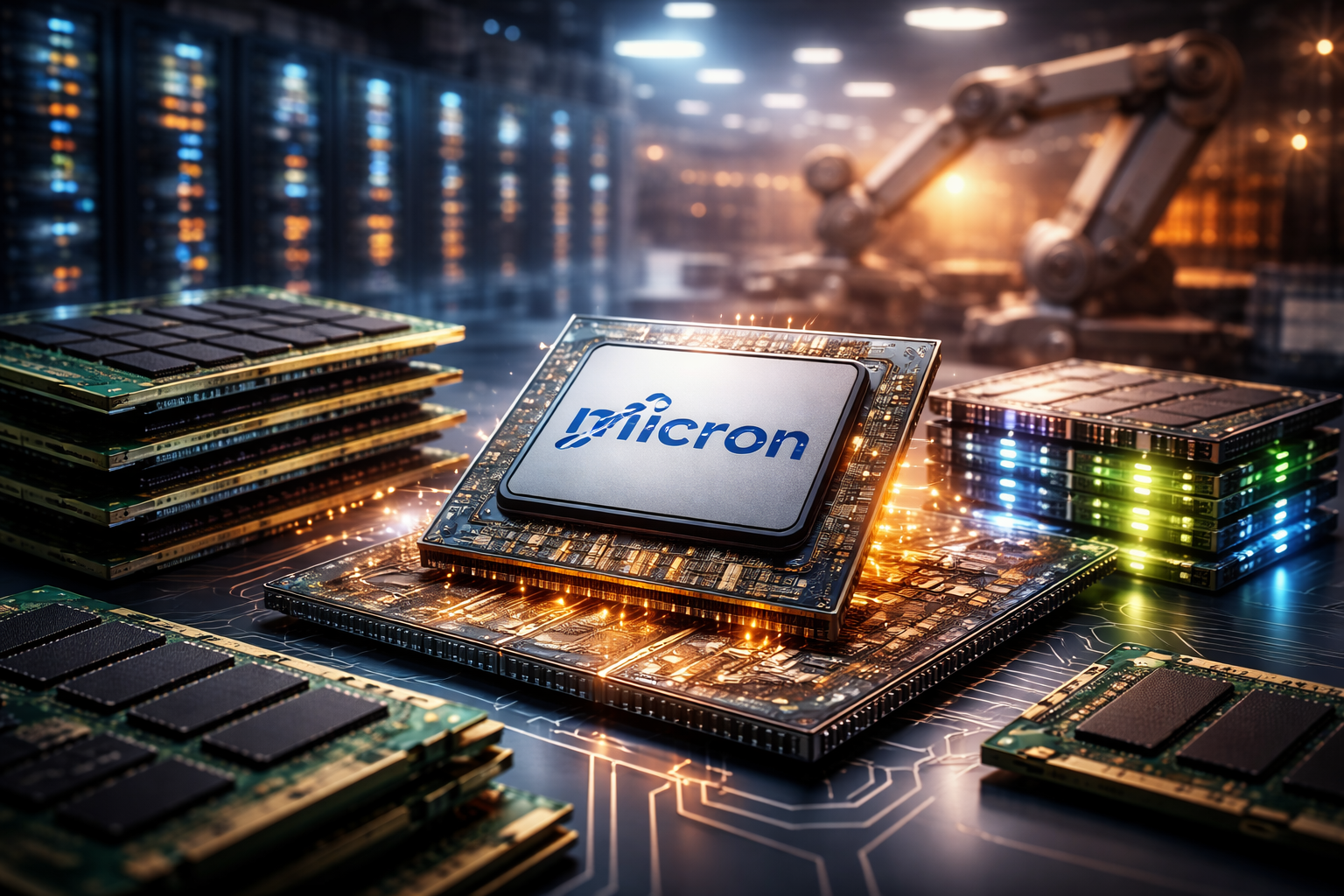 Advanced semiconductor memory chips arranged on a circuit board inside a high-tech data center, with robotic arms and server racks in the background.