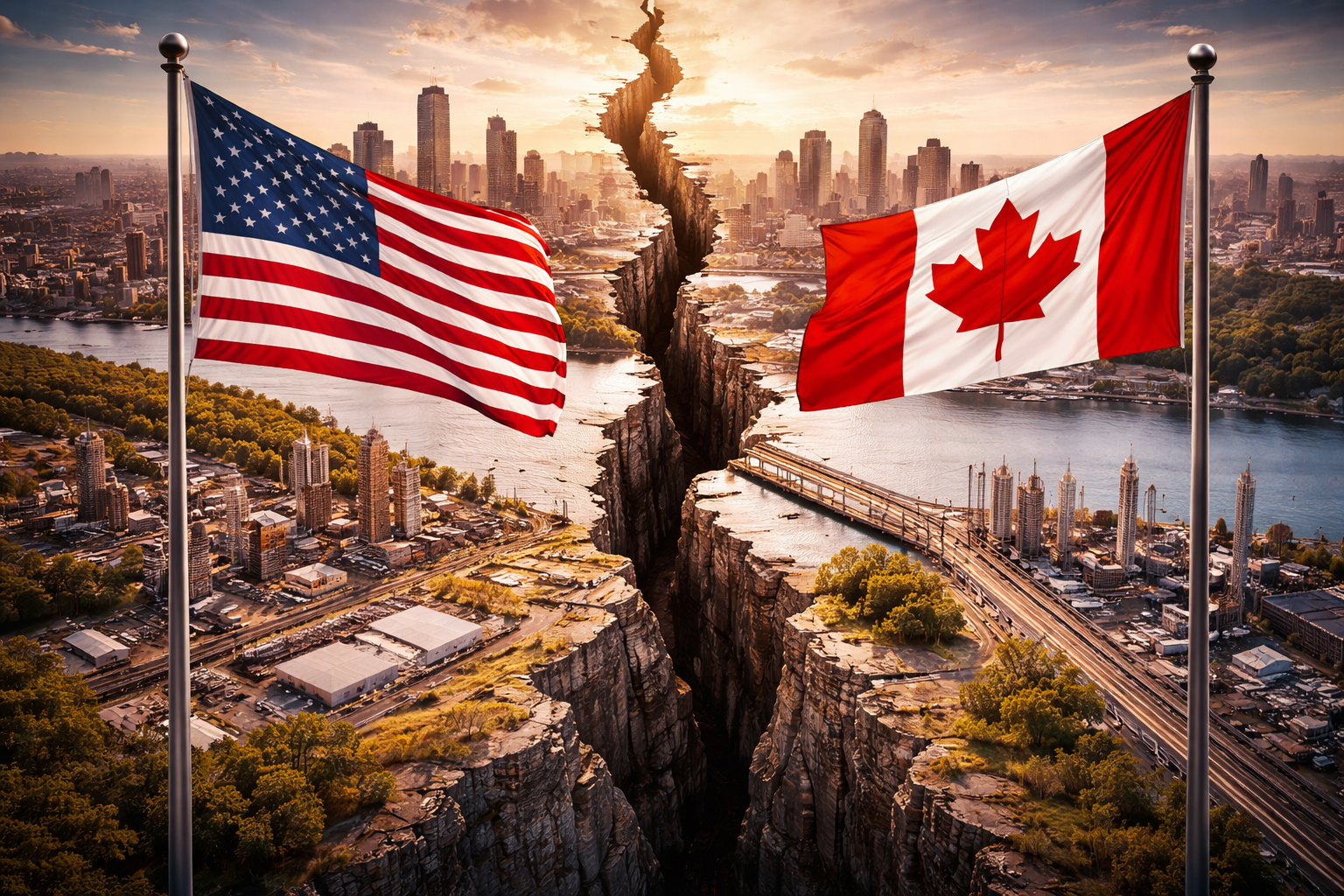 The U.S. and Canadian flags facing each other across a deep divide between two modern city skylines.
