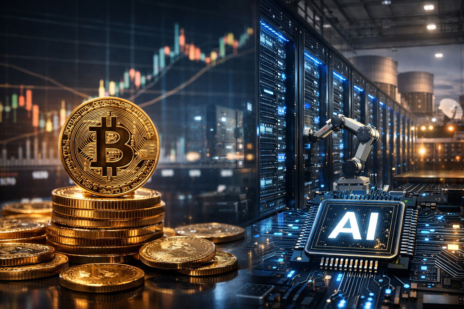 Photorealistic scene showing stacked Bitcoin coins alongside a modern AI data center with illuminated server racks and advanced computing hardware.