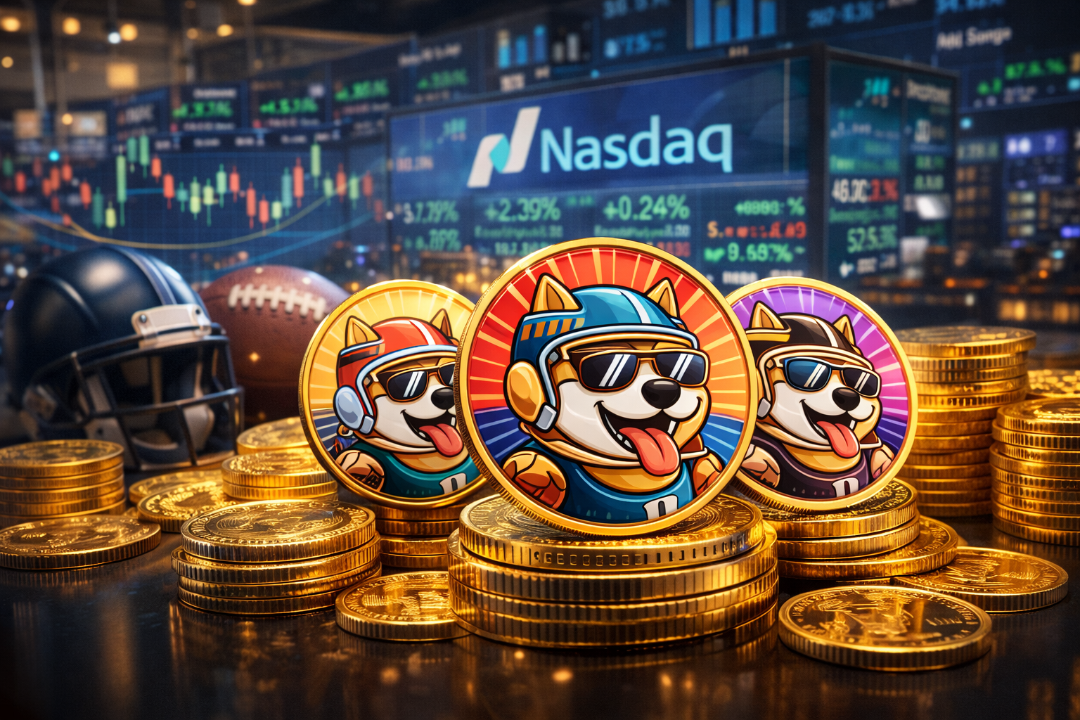 Photorealistic scene of colorful meme-style digital coins displayed with traditional financial elements and a modern stock market trading environment in the background.