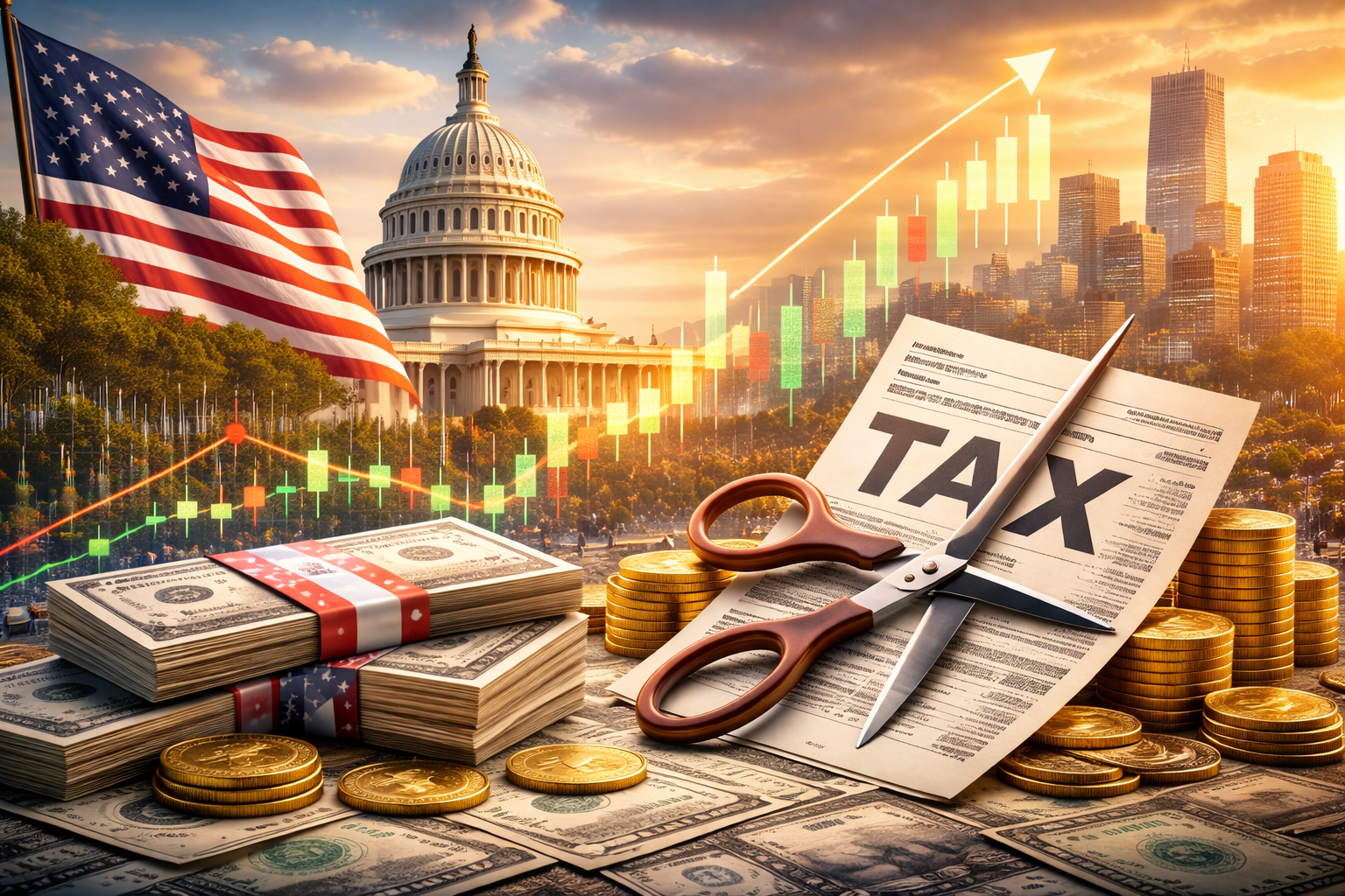 Photorealistic image showing U.S. Capitol building, American flag, stacks of cash and coins, and financial market indicators symbolizing fiscal policy and economic growth.