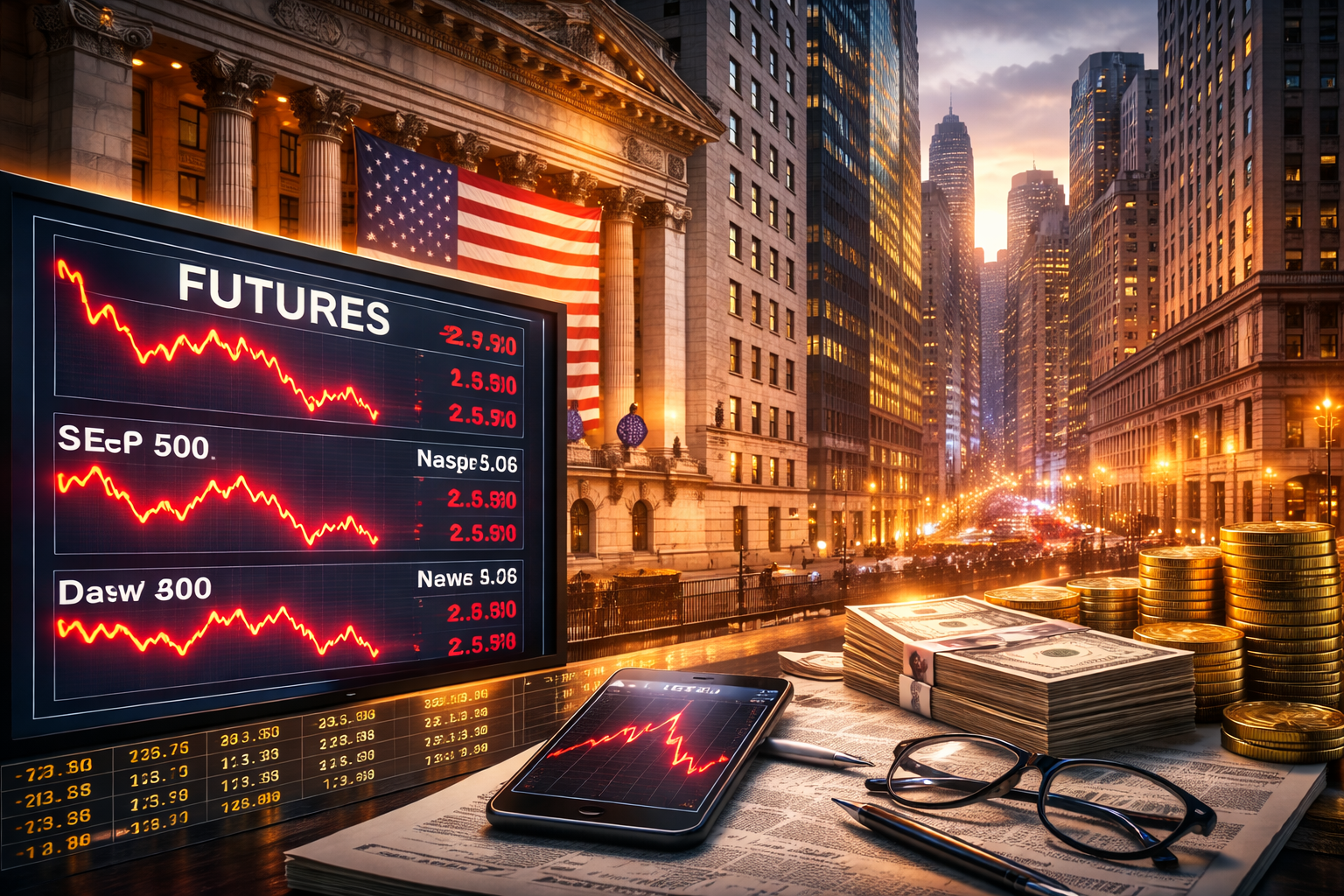 Photorealistic image of Wall Street at dusk showing the New York Stock Exchange, surrounding skyscrapers, and financial market indicators suggesting a modest futures pullback.