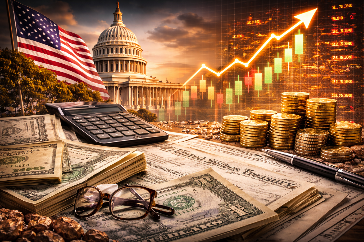 Photorealistic image showing U.S. Treasury documents, stacks of coins and cash, a calculator, and the U.S. Capitol with an American flag in the background, symbolizing government debt and bond market dynamics.