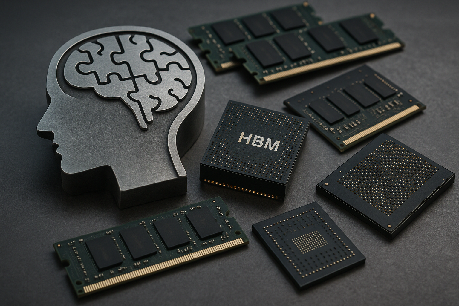 Photorealistic arrangement of HBM chips, DRAM modules, and semiconductor components beside a metallic human-head silhouette symbolizing artificial intelligence.