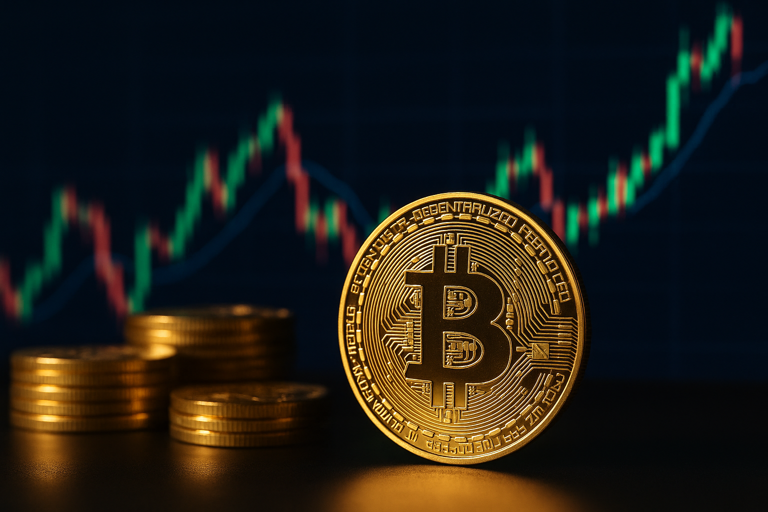 Photorealistic gold Bitcoin standing upright with stacked coins and a blurred upward-trending market chart in the background.
