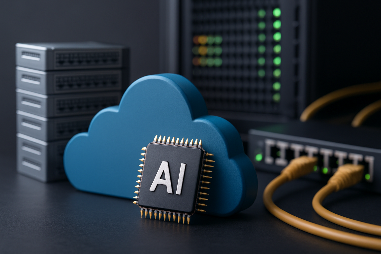 Photorealistic cloud-shaped object with an AI microchip in front, surrounded by server stacks, network switches, and connected Ethernet cables.