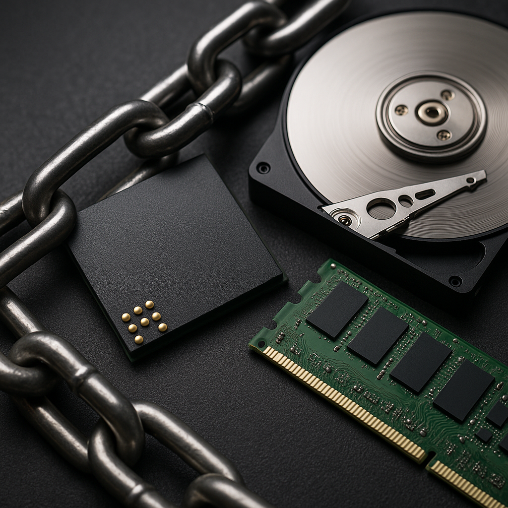 Photorealistic close-up of an SSD chip, HDD platter, and DRAM module arranged beside a heavy metal chain on a dark textured surface.