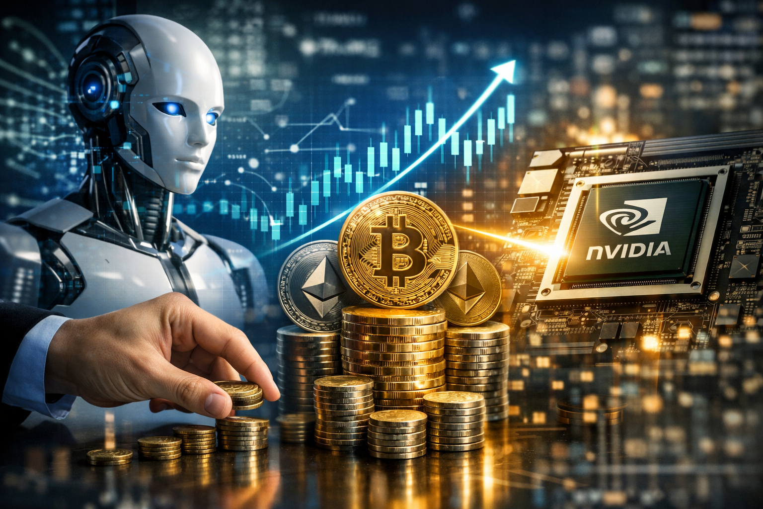 Photorealistic scene showing AI technology, stacked cryptocurrency coins, a rising financial chart, and advanced computer hardware symbolizing corporate investment in AI and crypto.
