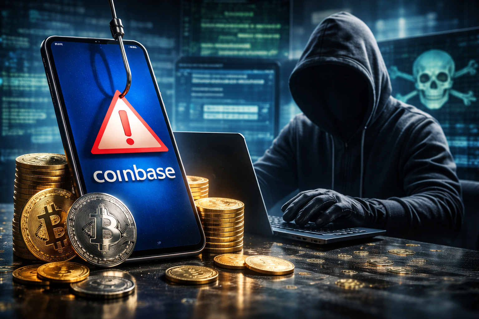 Photorealistic scene showing a smartphone displaying a crypto exchange app under threat, surrounded by digital coins and a shadowed figure using a laptop, symbolizing cryptocurrency fraud and security risks.