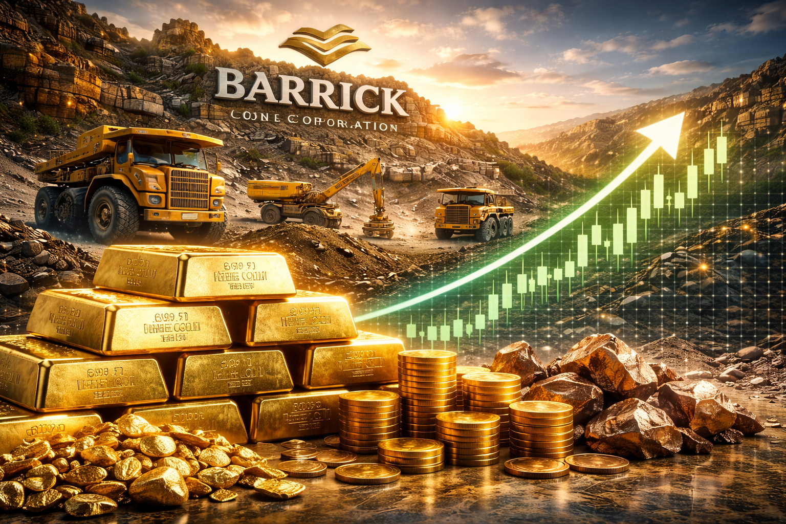 Photorealistic mining landscape with heavy excavation equipment, stacked gold bars and coins, exposed ore, and an upward-trending market graphic symbolizing a rebound in gold mining stocks.