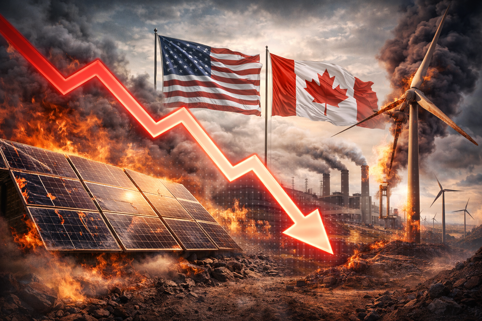 Photorealistic scene showing damaged solar panels and wind turbines, heavy smoke from industrial facilities, U.S. and Canadian flags in the background, and a downward market indicator symbolizing climate policy reversals.