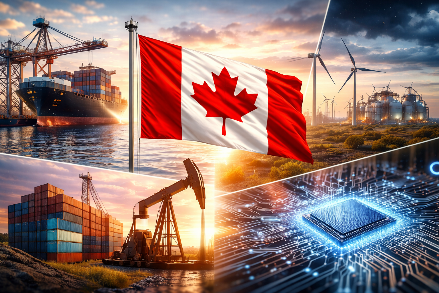 Photorealistic image of the Canadian flag in the foreground with shipping containers, energy infrastructure, wind turbines, and advanced technology elements in the background, representing Canada’s evolving business landscape.