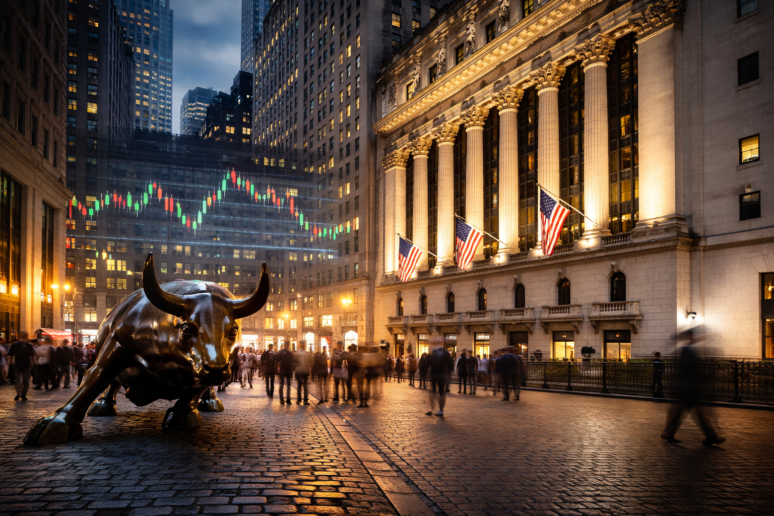Photorealistic evening view of the New York Stock Exchange with the bronze bull statue in the foreground, American flags on the building, and blurred market activity suggesting light year-end trading.
