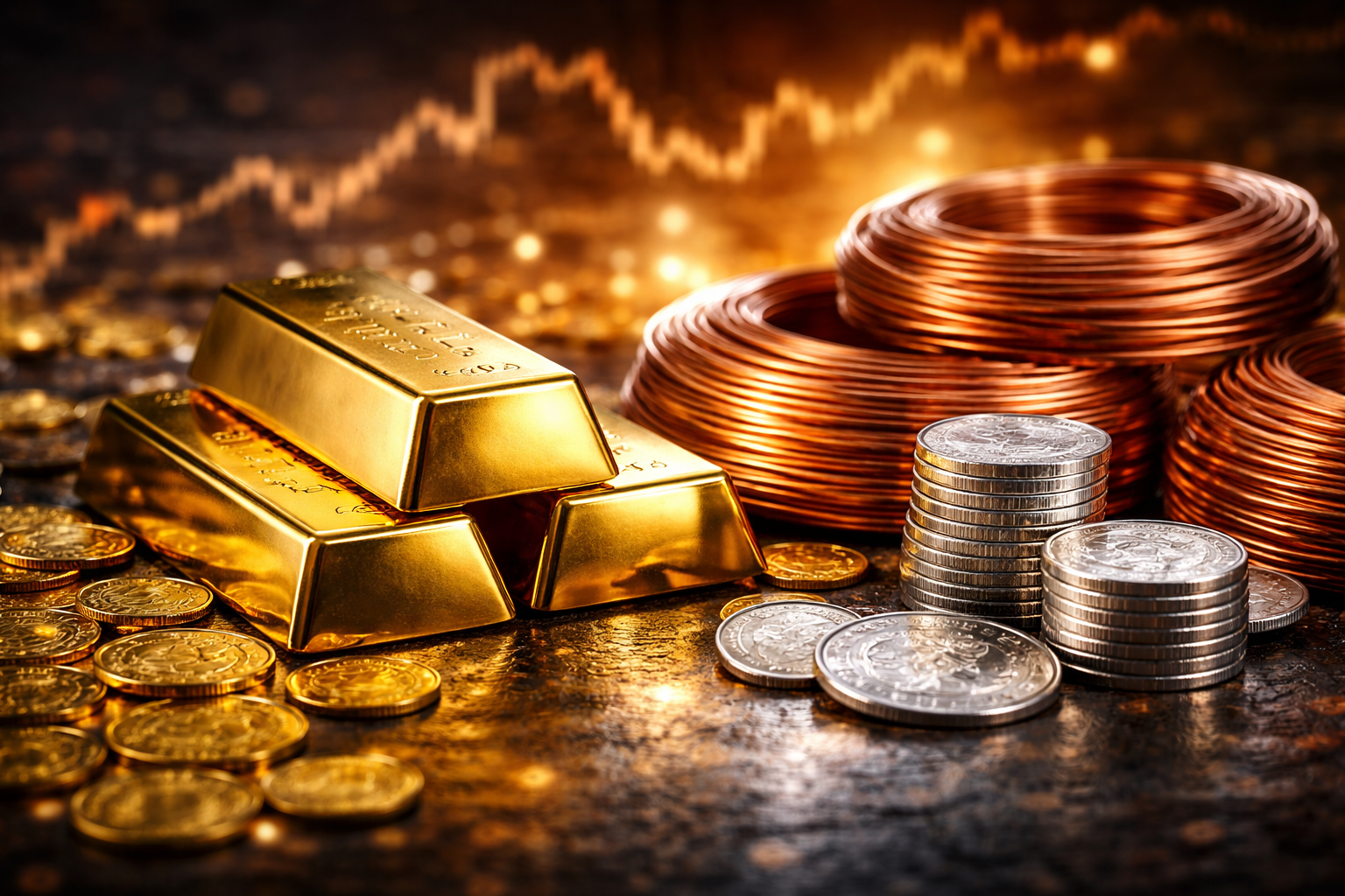 Photorealistic arrangement of gold bars, copper coils, and stacked silver coins under warm lighting, symbolizing strength in precious and industrial metals markets.
