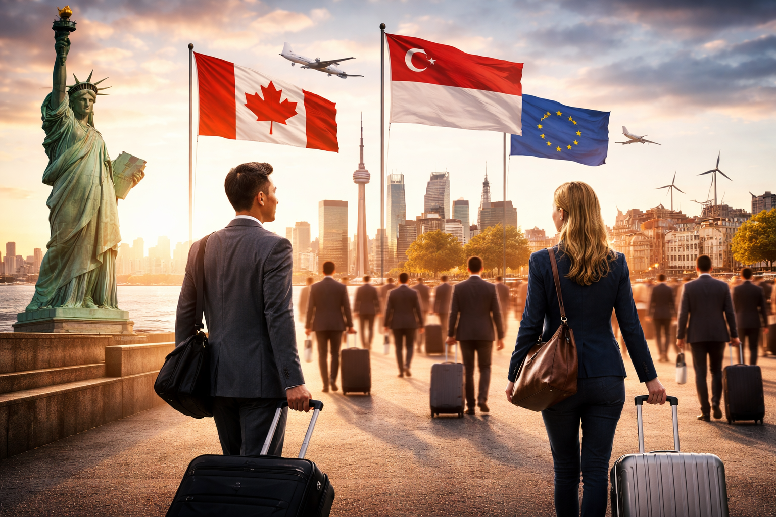Photorealistic scene of skilled professionals with luggage walking away from the U.S. skyline, with the Statue of Liberty in the background and international destinations symbolically represented ahead.