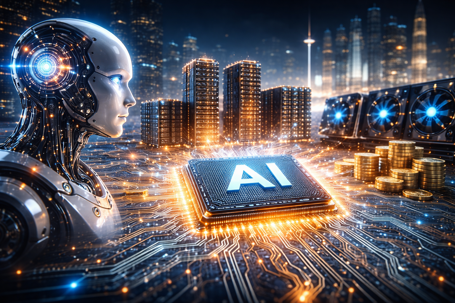Photorealistic depiction of advanced data center infrastructure with glowing servers, interconnected circuitry, and soft ambient lighting representing artificial intelligence at the core of global technology systems.