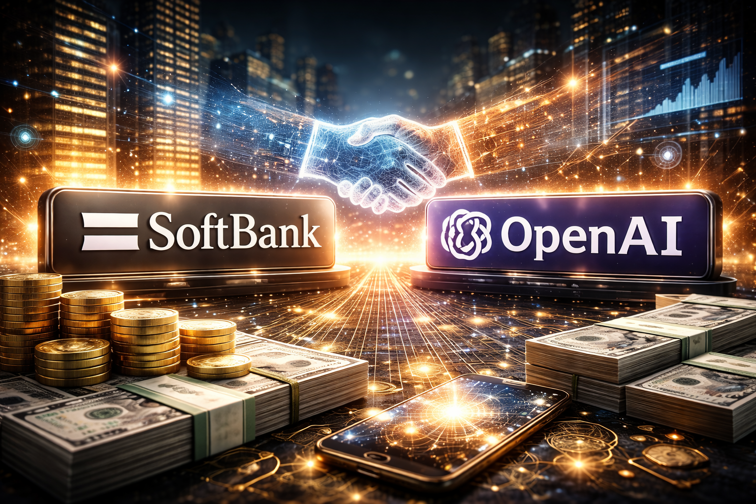 Photorealistic image of advanced AI data center infrastructure with high-performance servers, glowing circuitry, and a modern corporate skyline, symbolizing large-scale investment in artificial intelligence.