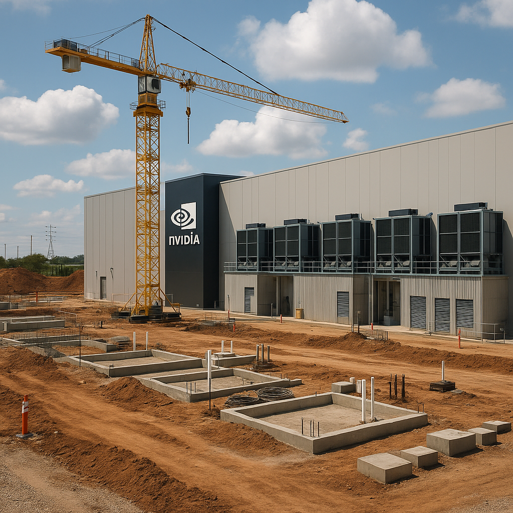 A realistic construction site of a modern data center with large cooling units and an industrial crane, symbolizing accelerated AI-infrastructure expansion.