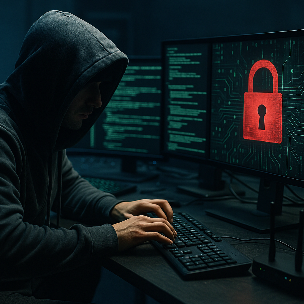 A dark, high-tech cybersecurity scene showing a hooded figure at a computer surrounded by glowing monitors displaying code and digital security graphics.