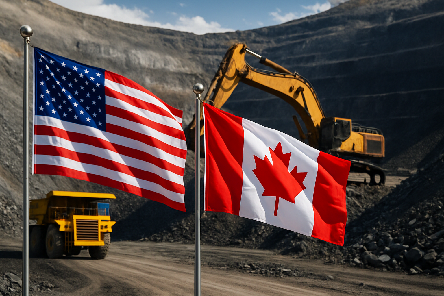A photorealistic mining scene with U.S. and Canadian flags in the foreground and heavy excavation machinery operating in an open-pit mine in the background.