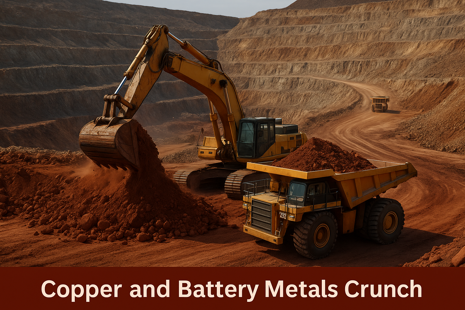 A photorealistic mining scene featuring a large excavator loading copper-colored ore into a heavy dump truck within an open-pit mine, with rugged terraced rock formations in the background.