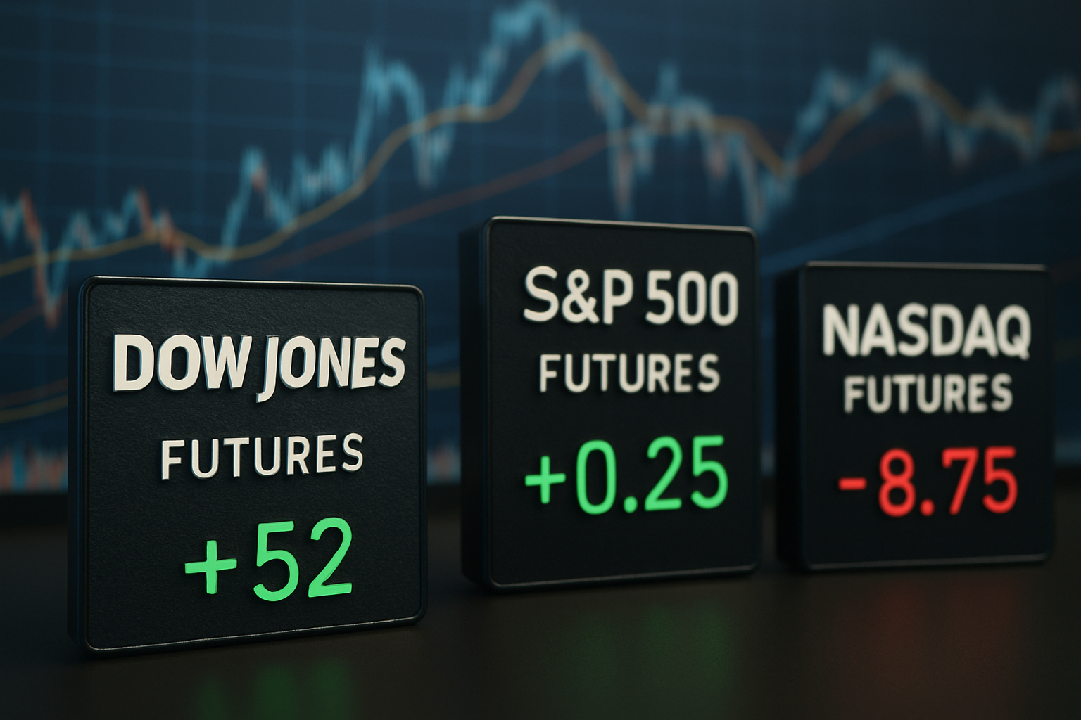 A photorealistic scene of a modern financial trading desk with multiple monitors showing fluctuating stock charts, candlesticks, and market indexes in a dim, focused environment.