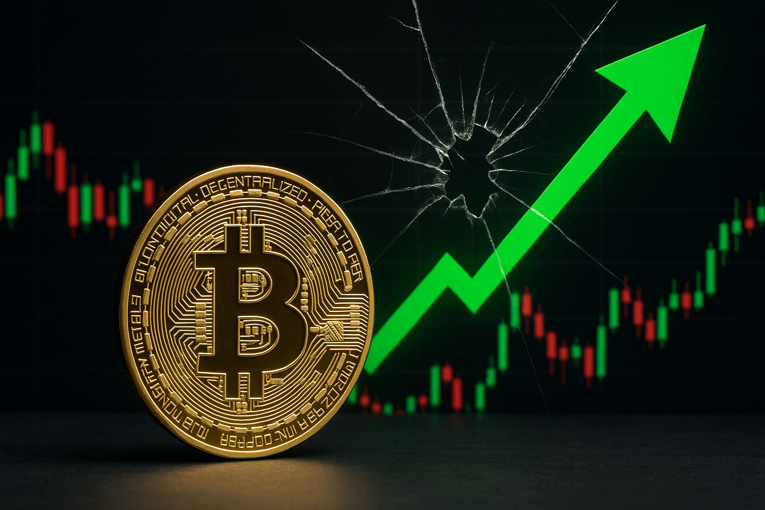 A photorealistic gold Bitcoin coin in front of a volatile crypto price chart with a rising green arrow and cracked-glass effect symbolizing market recovery and underlying instability.