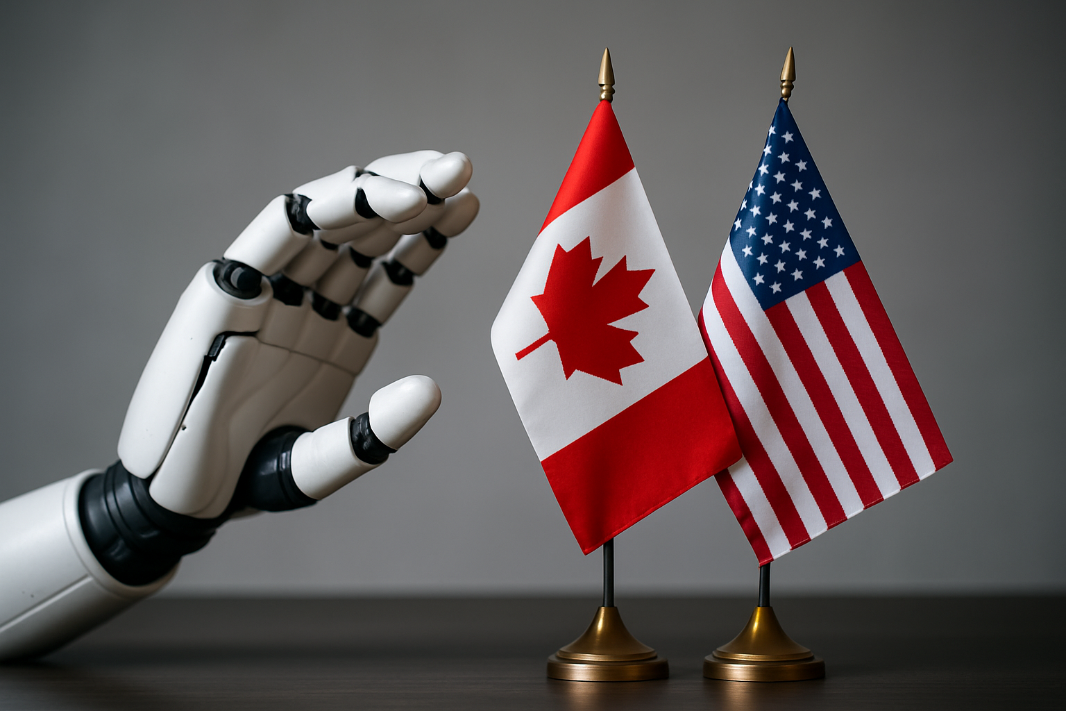 A photorealistic robotic hand reaching toward miniature U.S. and Canadian flags standing upright on a table.