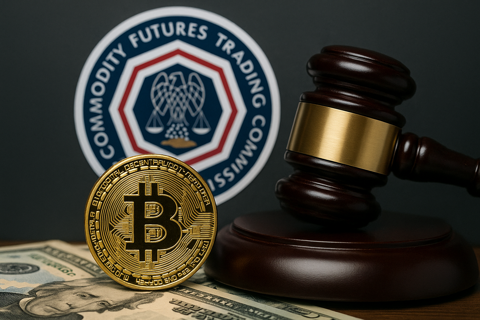 A photorealistic digital rendering of stacked physical-style cryptocurrency coins beside a glowing blue regulatory seal, symbolizing the approval of regulated spot crypto trading in the U.S.