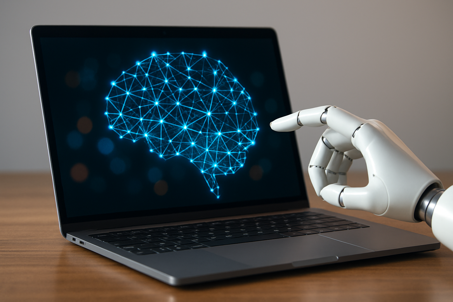 A photorealistic robotic hand reaching toward a laptop screen displaying a glowing neural network in the shape of a brain.