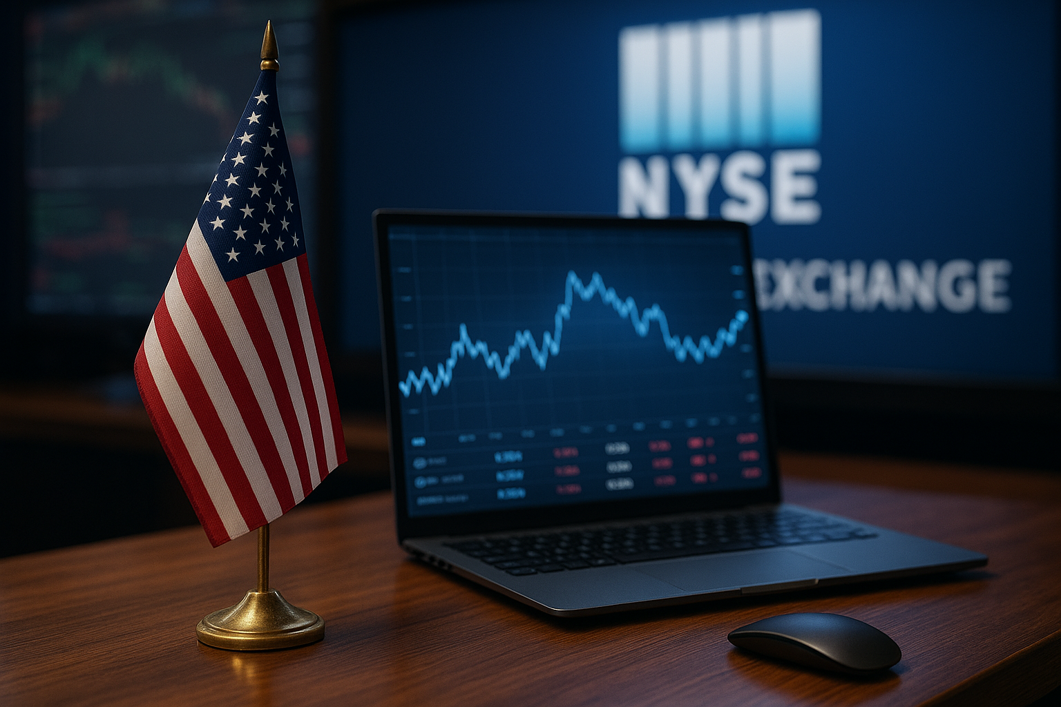 A photorealistic scene of a U.S. flag beside a laptop displaying a fluctuating stock market chart in a trading room environment.