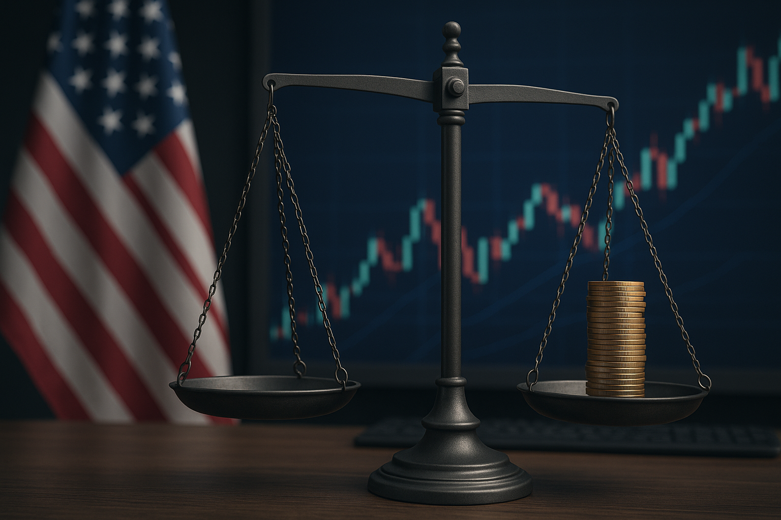 A photorealistic image of a metallic balance scale with gold coins on one side, set against a blurred U.S. flag and financial candlestick chart.