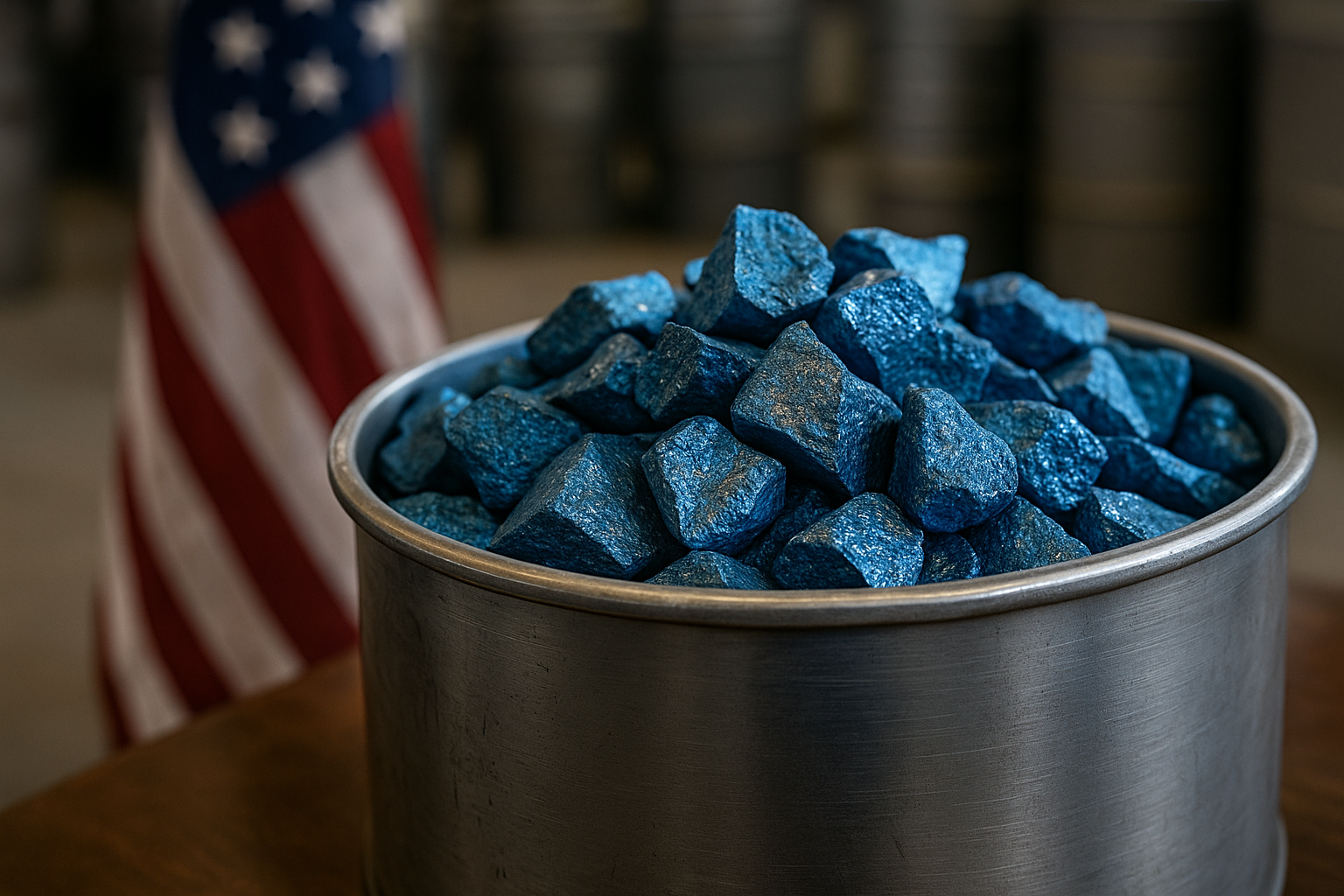 A photorealistic close-up of raw cobalt chunks in a metal container with a blurred U.S. flag in the background.