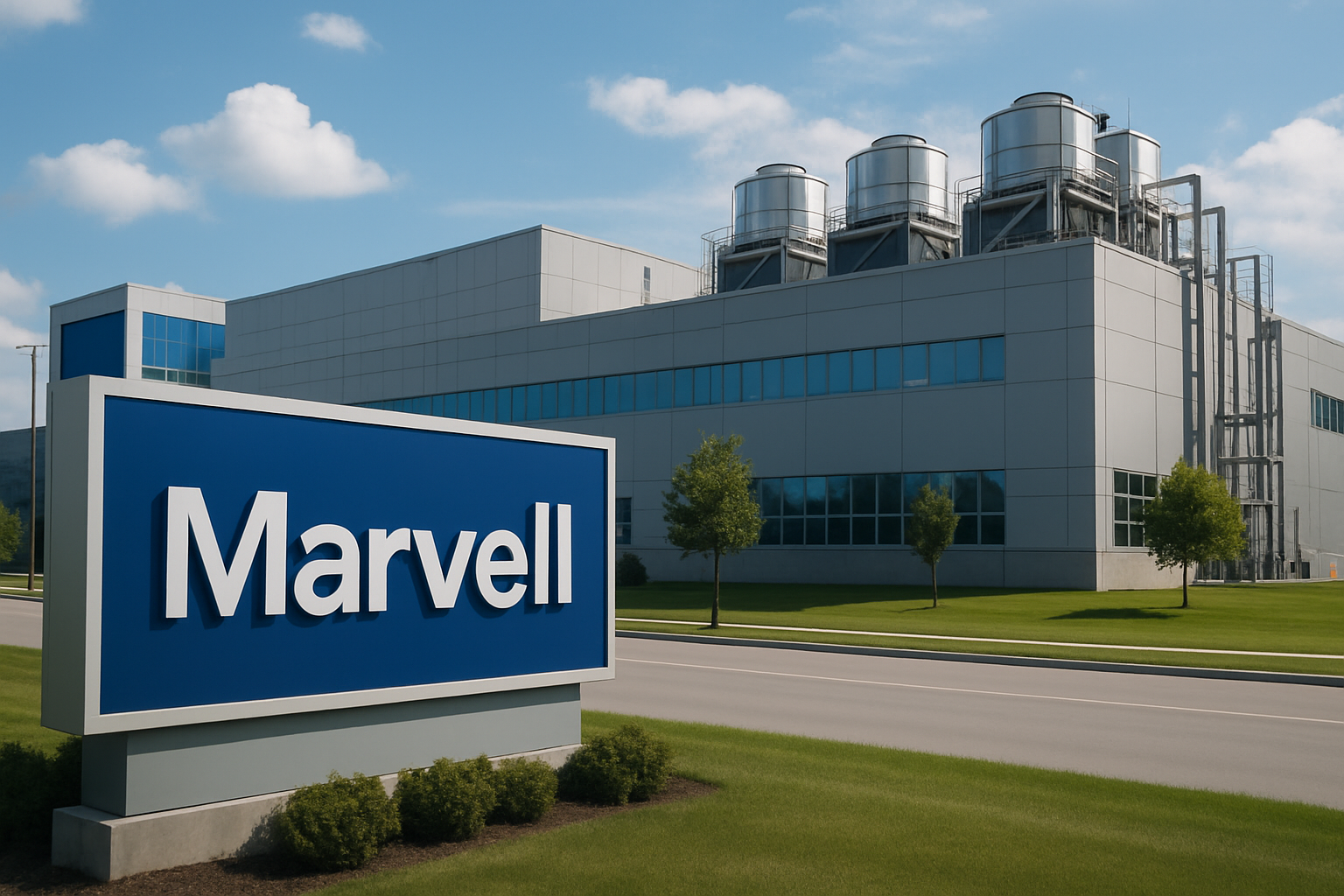A photorealistic image of a modern semiconductor facility with rooftop cooling towers and a large blue Marvell sign in the foreground.