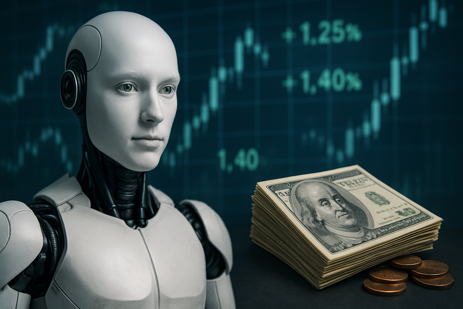 A photorealistic humanoid robot beside a stack of U.S. dollar bills with financial market charts glowing in the background, symbolizing AI-driven investment trends.