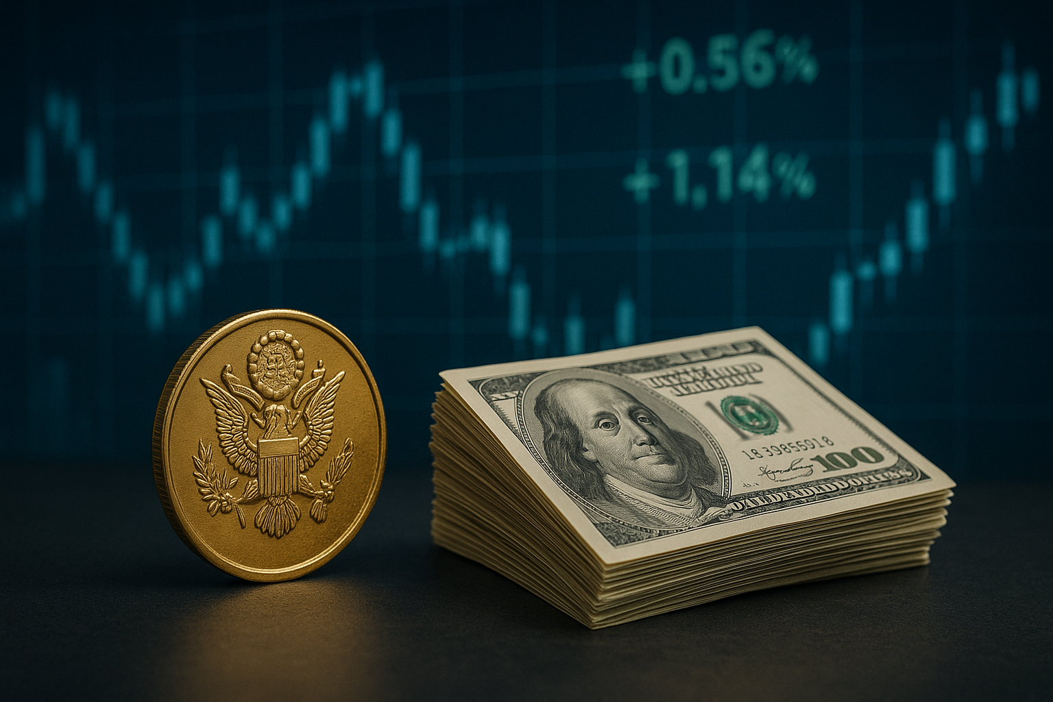 A photorealistic gold coin and a stack of U.S. hundred-dollar bills set against a glowing financial market chart, symbolizing investor caution ahead of a key Federal Reserve announcement.