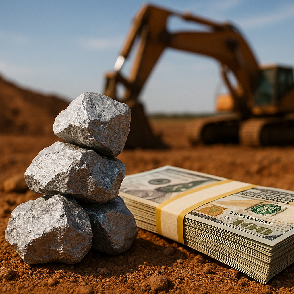 A photorealistic scene showing metallic ore rocks stacked on reddish mining soil beside a bundled stack of hundred-dollar bills, with a blurred excavator in the background, symbolizing speculative mining investment.