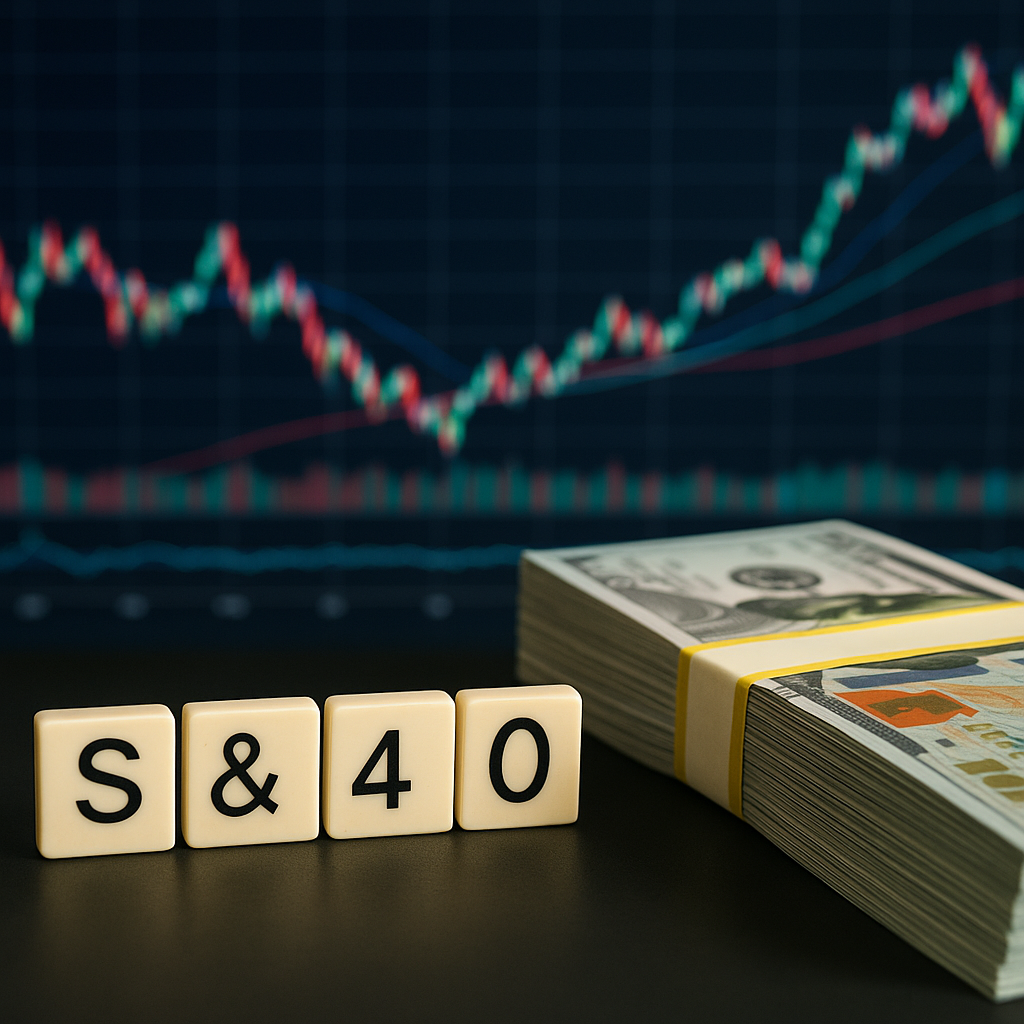 A photorealistic image showing a stack of U.S. hundred-dollar bills beside letter tiles and a blurred financial chart in the background, symbolizing stock index rebalancing and capital flows.