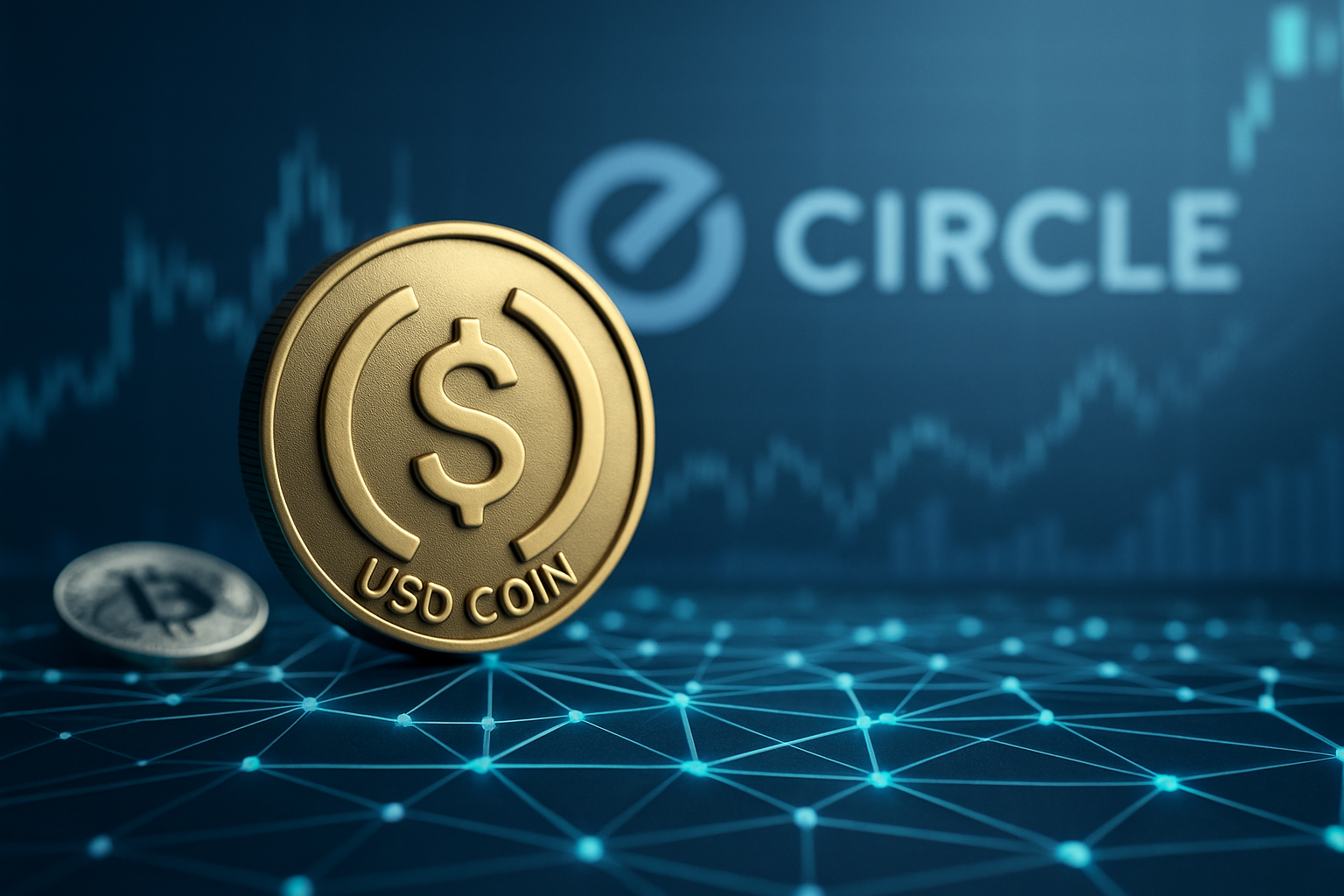 A photorealistic gold USD Coin (USDC) standing on a glowing digital network grid with financial charts and a blurred Circle emblem in the background, symbolizing stablecoin liquidity and crypto market infrastructure.
