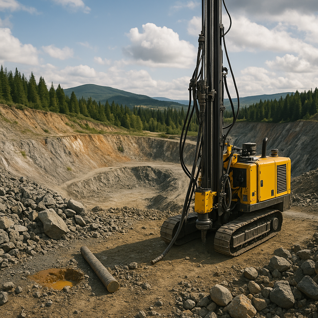 A photorealistic mining drill rig positioned at the edge of an open exploration pit surrounded by rocky terrain and evergreen forest, symbolizing early-stage drilling activity in critical-minerals projects.