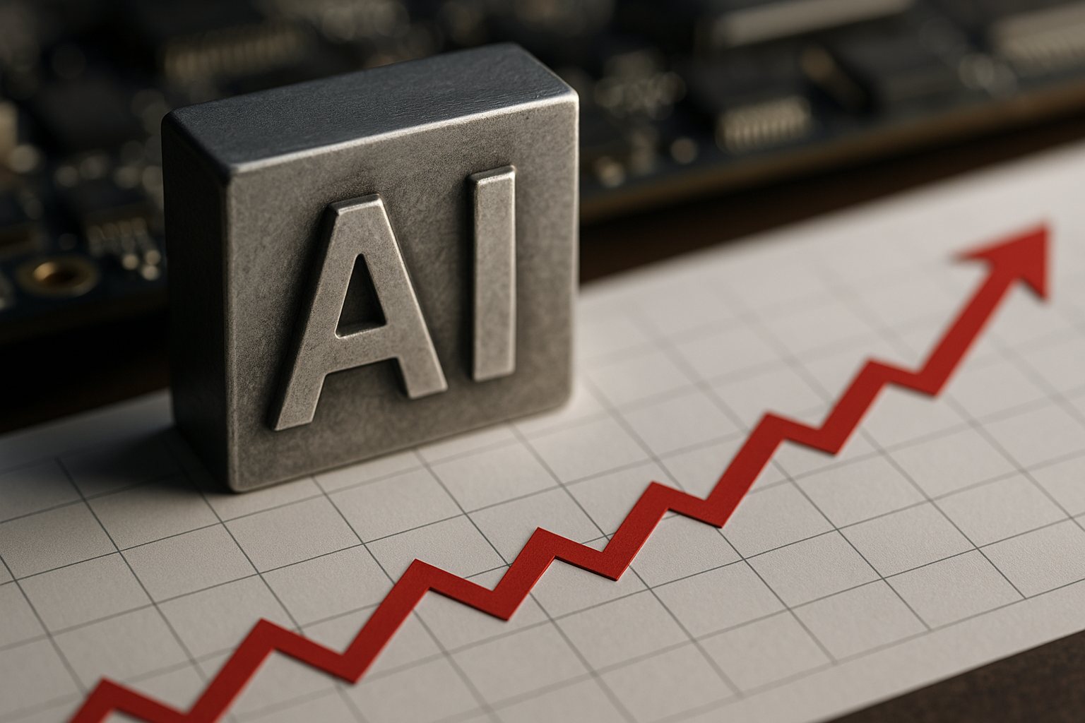 A metallic AI block placed beside a sharp upward-trending red line on a financial chart, with blurred circuit-board components in the background.