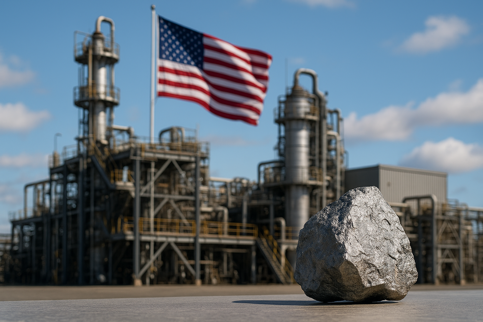 An industrial mineral-processing facility with heavy machinery and conveyor systems handling raw ore, illuminated by warm light inside a large refinery building.