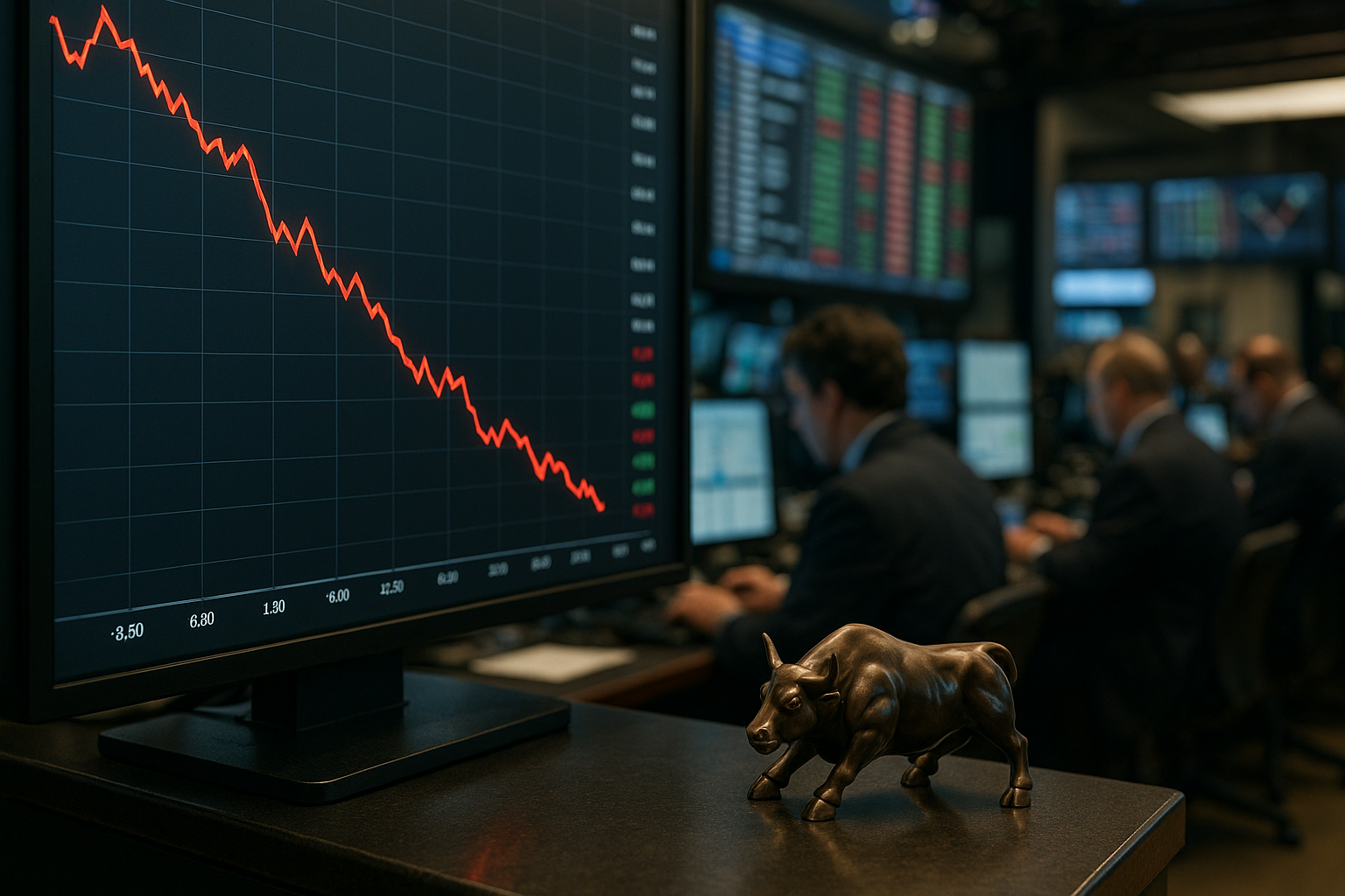 A trading floor scene with a large monitor showing a steep red downward stock chart, traders working at computer stations in the background, and a bronze bull figurine in the foreground.
